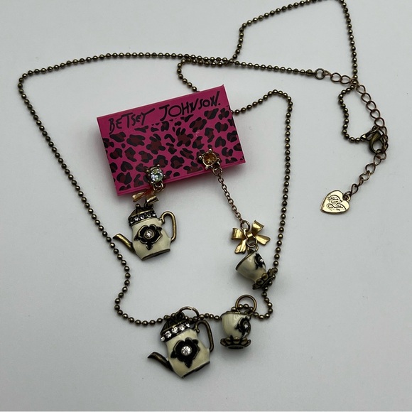 Betsey Johnson Jewelry - RARE Bestey Johnson Vintage Antique Rose Teapot Teacup Earrings and Necklace